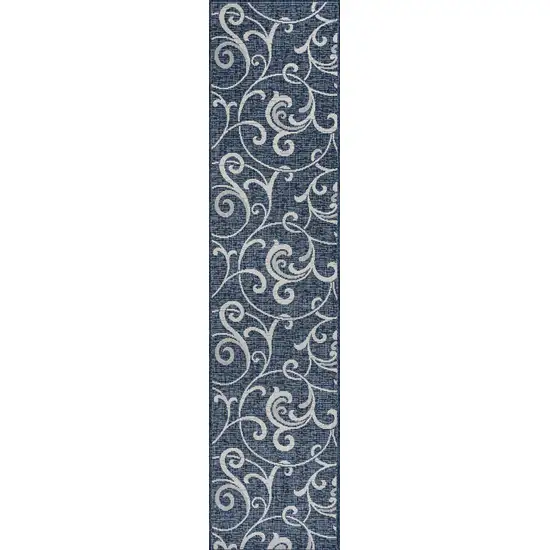 8' Navy Blue And Cream Floral Indoor Outdoor Runner Rug Photo 1