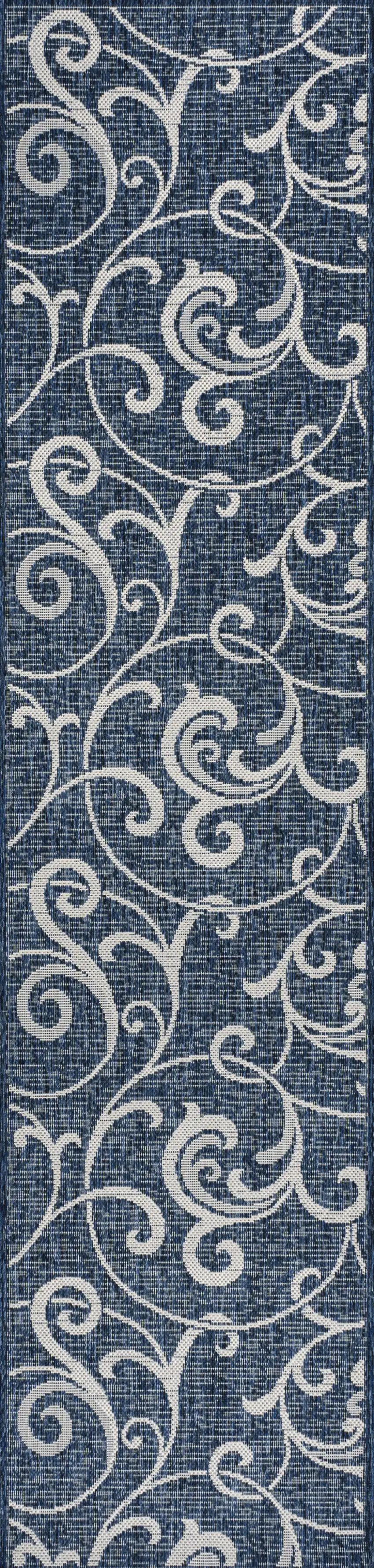 8' Navy Blue And Cream Floral Indoor Outdoor Runner Rug Photo 1