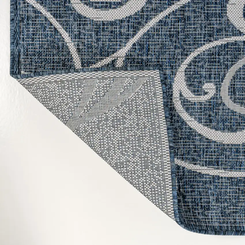 8' Navy Blue And Cream Floral Indoor Outdoor Runner Rug Photo 9