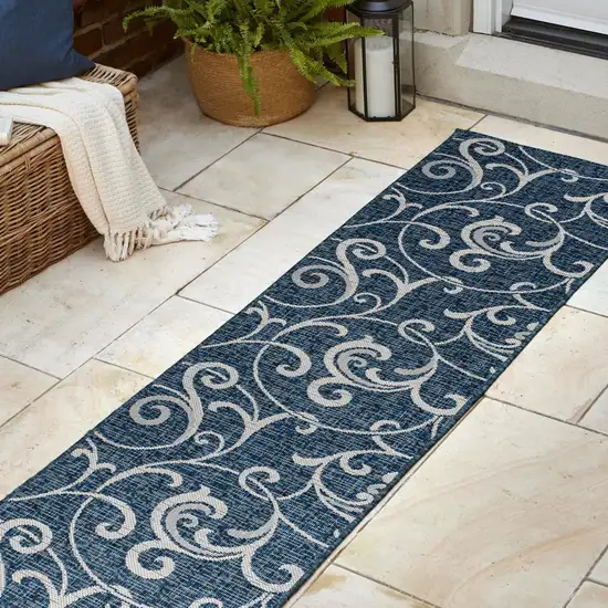 8' Navy Blue And Cream Floral Indoor Outdoor Runner Rug Photo 6