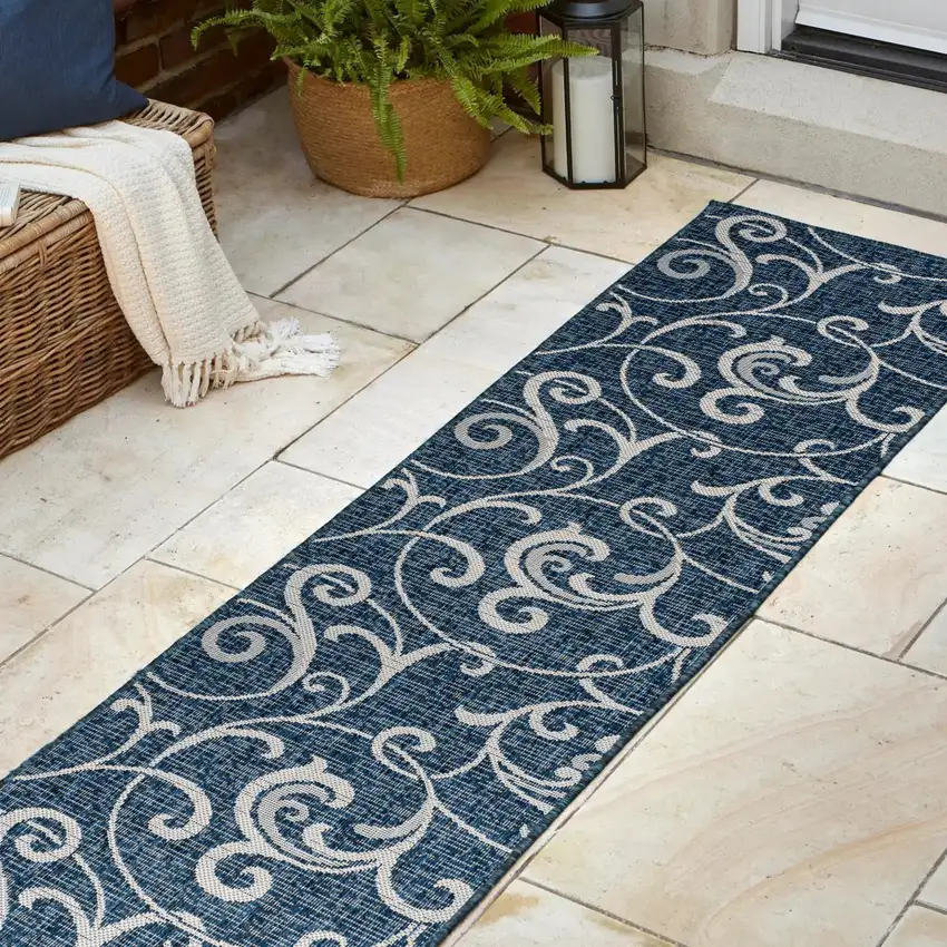 8' Navy Blue And Cream Floral Indoor Outdoor Runner Rug Photo 6