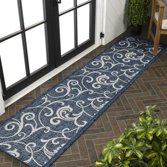 8' Navy Blue And Cream Floral Indoor Outdoor Runner Rug Photo 5