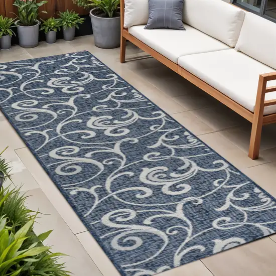 8' Navy Blue And Cream Floral Indoor Outdoor Runner Rug Photo 1