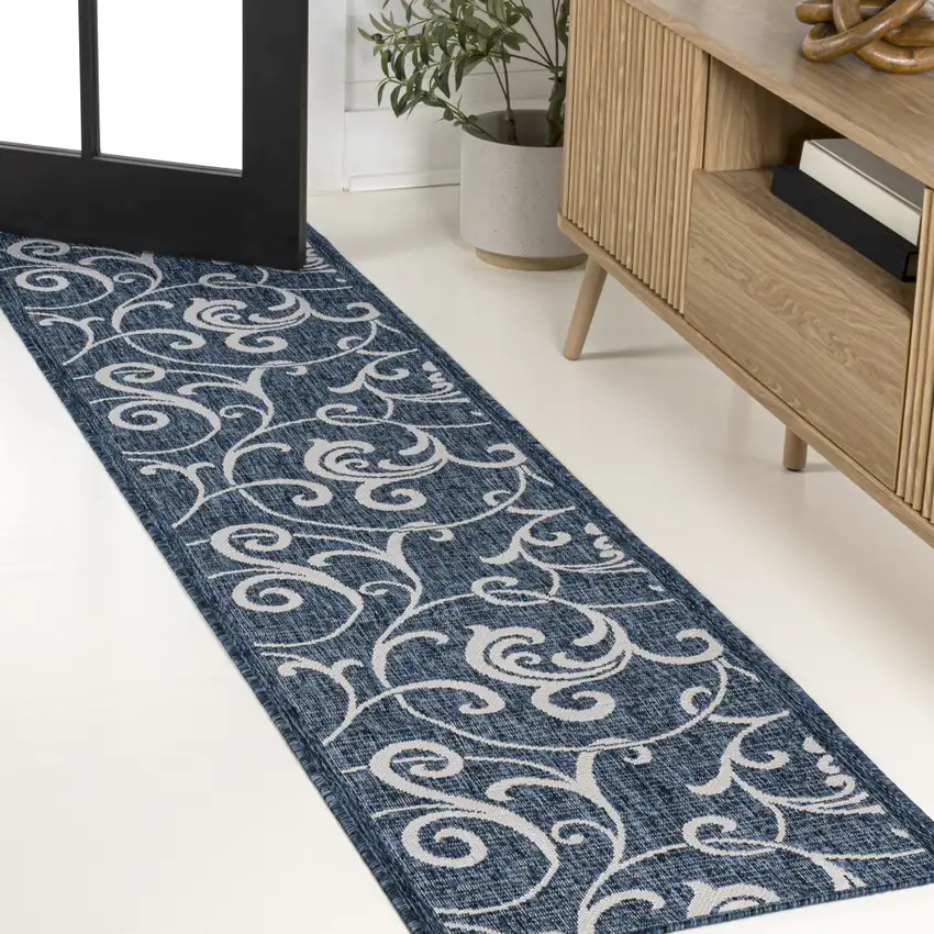 8' Navy Blue And Cream Floral Indoor Outdoor Runner Rug Photo 4