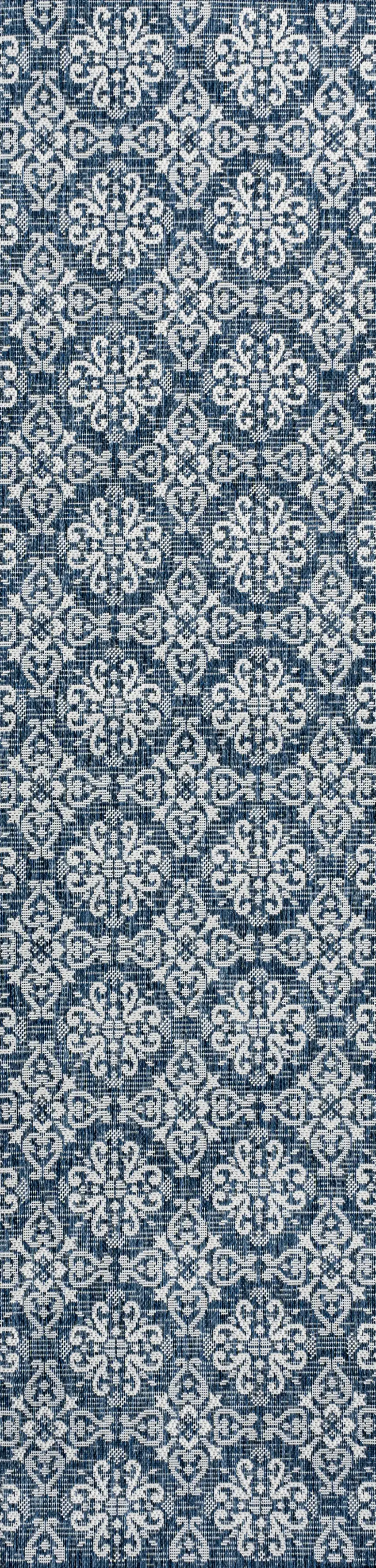 8' Navy Blue And Cream Floral Indoor Outdoor Runner Rug Photo 8