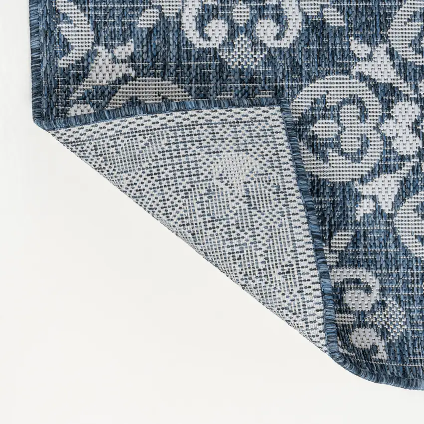 8' Navy Blue And Cream Floral Indoor Outdoor Runner Rug Photo 2