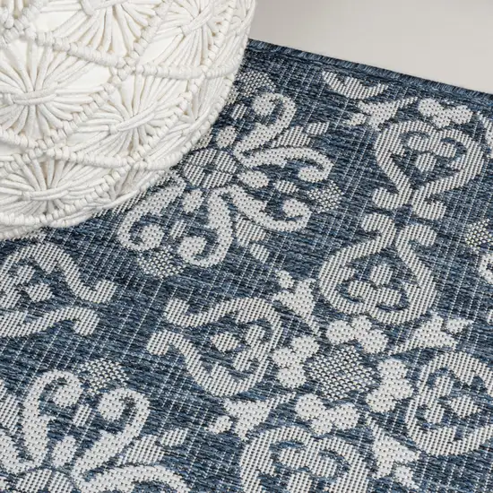 8' Navy Blue And Cream Floral Indoor Outdoor Runner Rug Photo 9