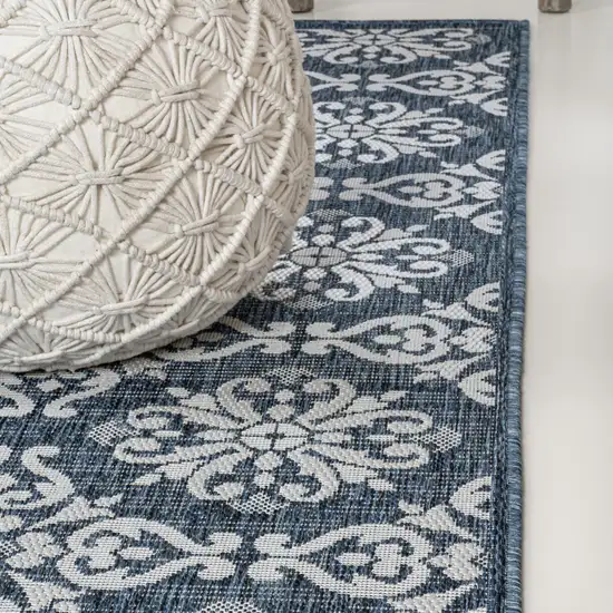 8' Navy Blue And Cream Floral Indoor Outdoor Runner Rug Photo 7