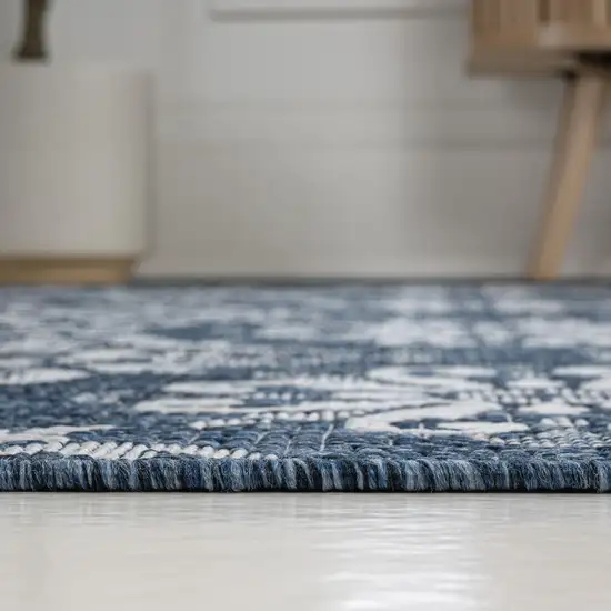 8' Navy Blue And Cream Floral Indoor Outdoor Runner Rug Photo 6