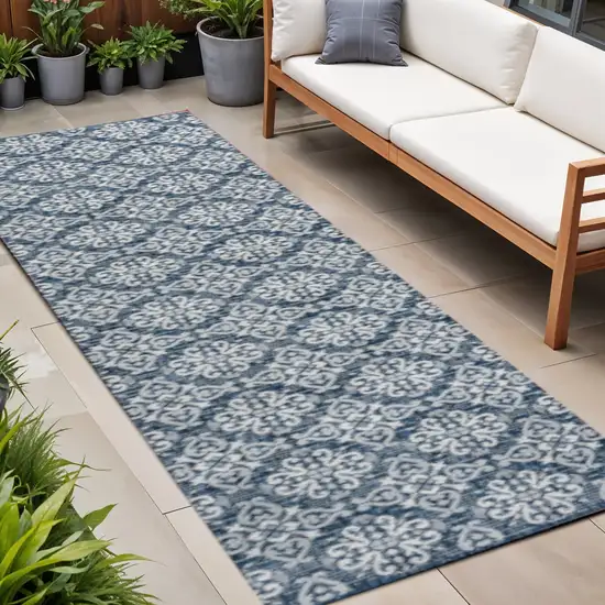8' Navy Blue And Cream Floral Indoor Outdoor Runner Rug Photo 1