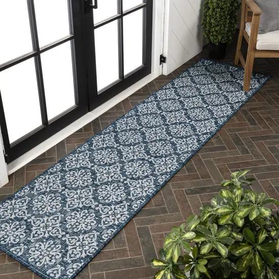 8' Navy Blue And Cream Floral Indoor Outdoor Runner Rug Photo 4