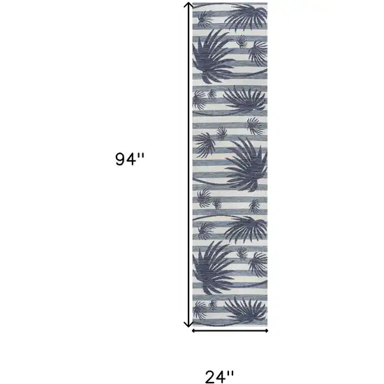 8' Navy Blue And Cream Floral Indoor Outdoor Runner Rug Photo 8