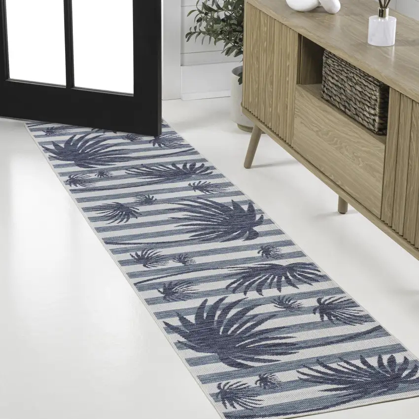 8' Navy Blue And Cream Floral Indoor Outdoor Runner Rug Photo 3