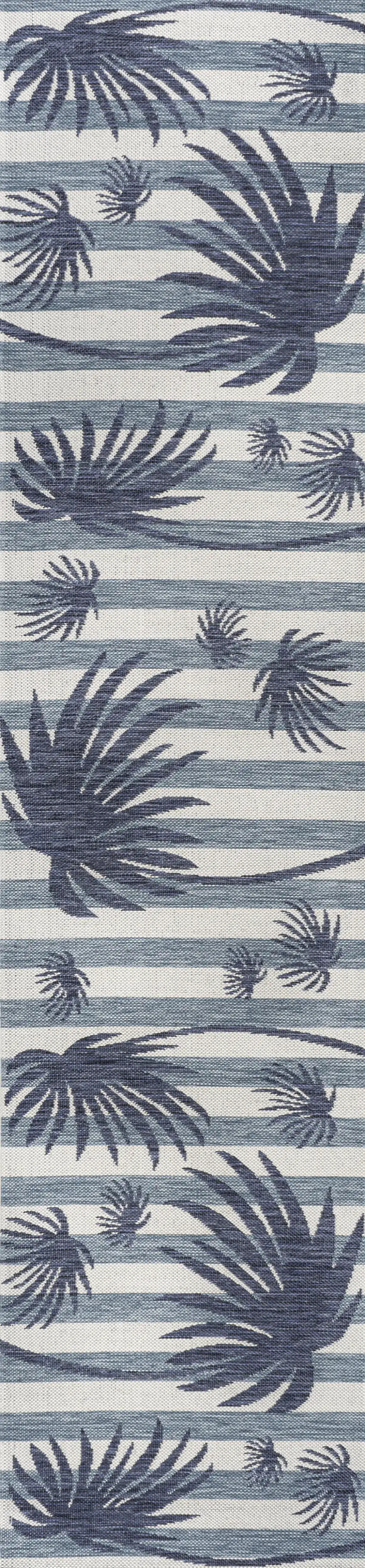 8' Navy Blue And Cream Floral Indoor Outdoor Runner Rug Photo 2