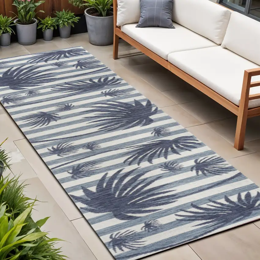 8' Navy Blue And Cream Floral Indoor Outdoor Runner Rug Photo 1
