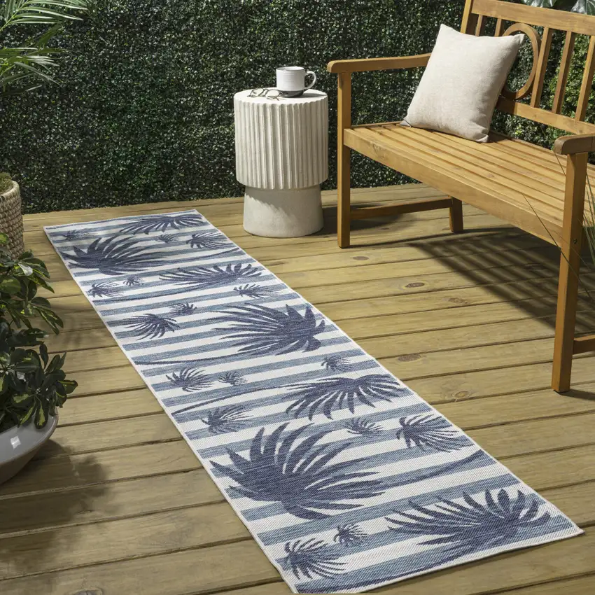 8' Navy Blue And Cream Floral Indoor Outdoor Runner Rug Photo 4
