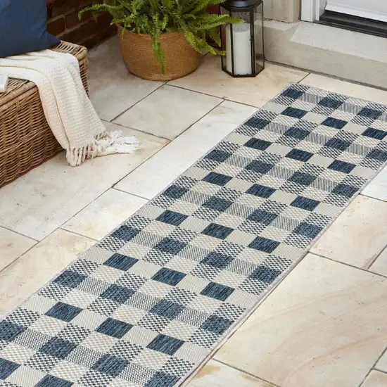 8' Navy Blue And Cream Geometric Indoor Outdoor Runner Rug Photo 4