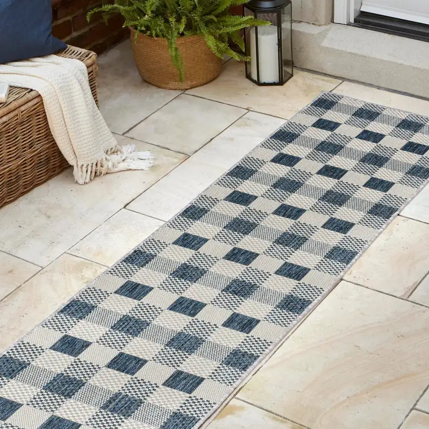 8' Navy Blue And Cream Geometric Indoor Outdoor Runner Rug Photo 4