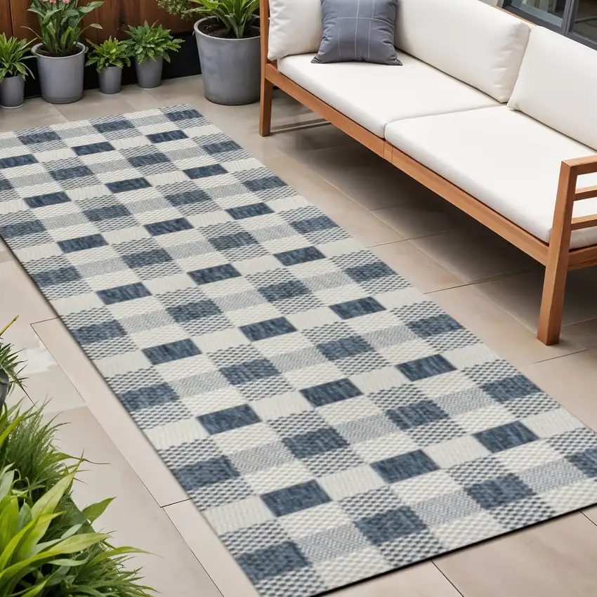 8' Navy Blue And Cream Geometric Indoor Outdoor Runner Rug Photo 1