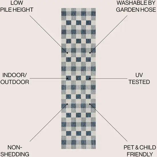 8' Navy Blue And Cream Geometric Indoor Outdoor Runner Rug Photo 7