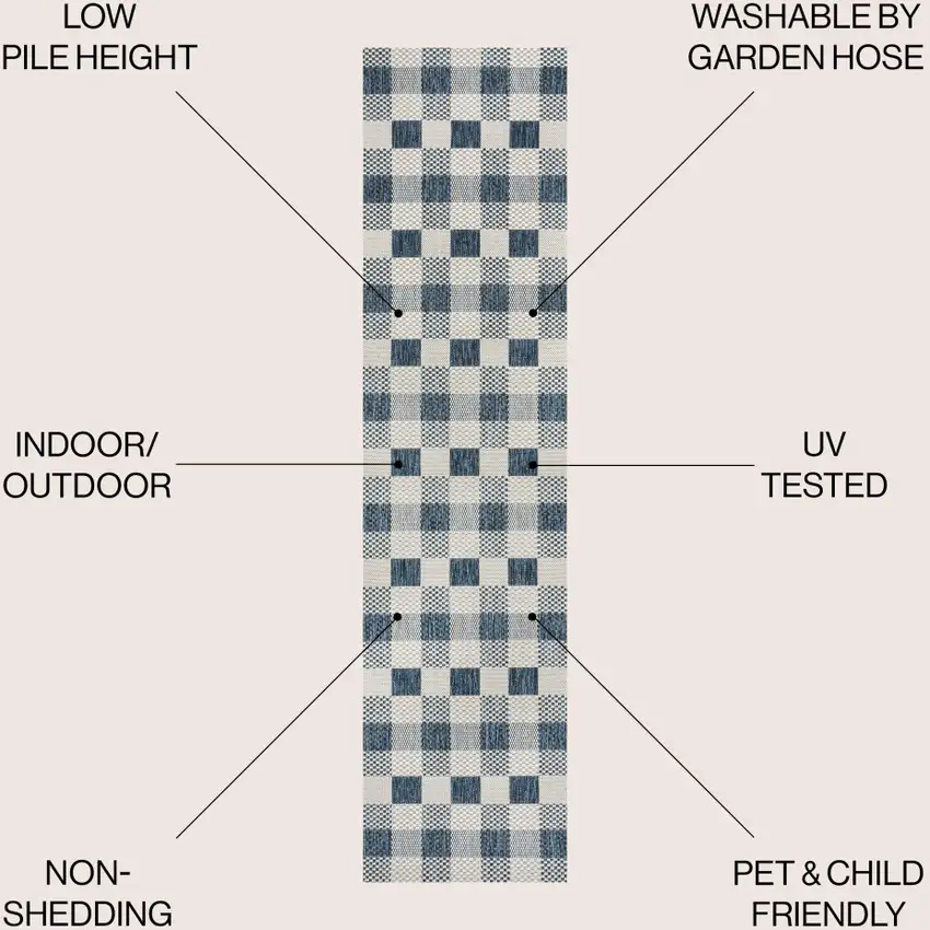 8' Navy Blue And Cream Geometric Indoor Outdoor Runner Rug Photo 7