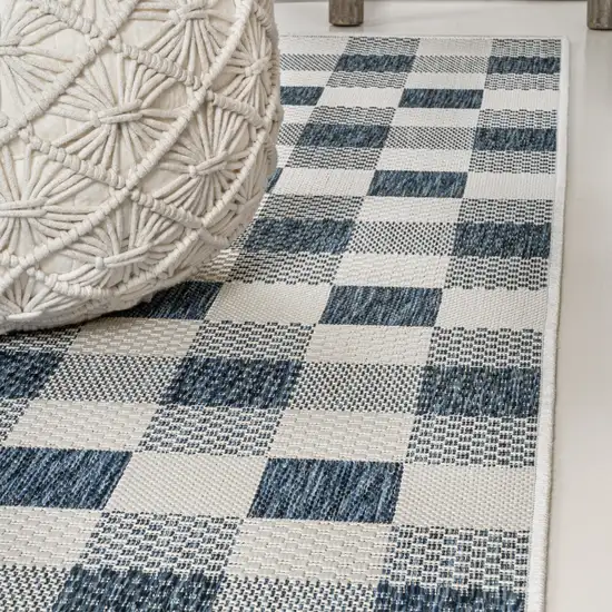 8' Navy Blue And Cream Geometric Indoor Outdoor Runner Rug Photo 6