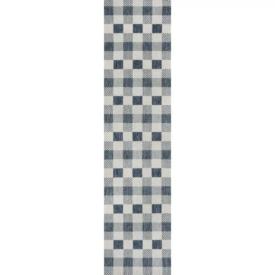 8' Navy Blue And Cream Geometric Indoor Outdoor Runner Rug Photo 1