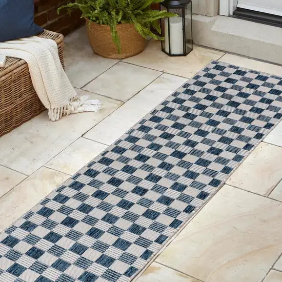 8' Navy Blue And Cream Geometric Indoor Outdoor Runner Rug Photo 6