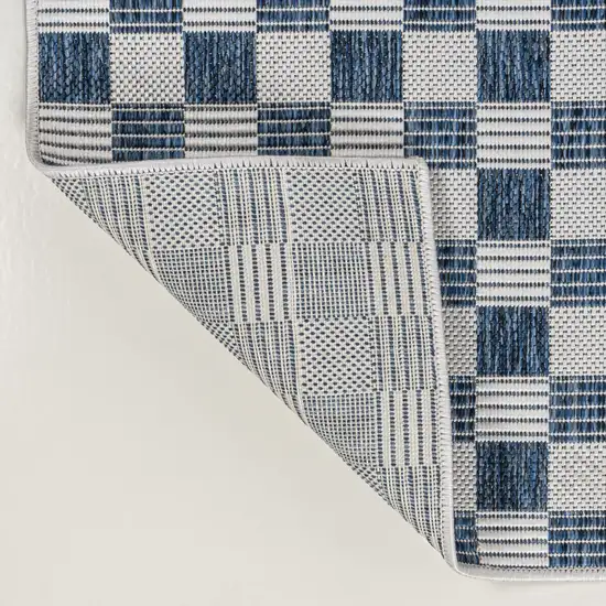 8' Navy Blue And Cream Geometric Indoor Outdoor Runner Rug Photo 9