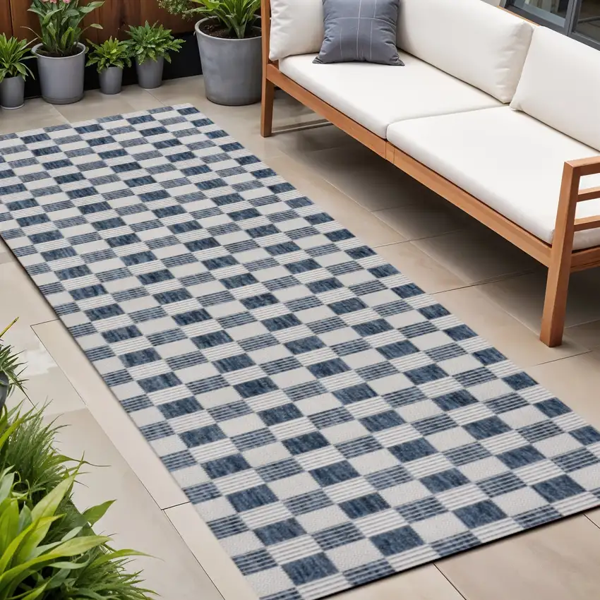 8' Navy Blue And Cream Geometric Indoor Outdoor Runner Rug Photo 1