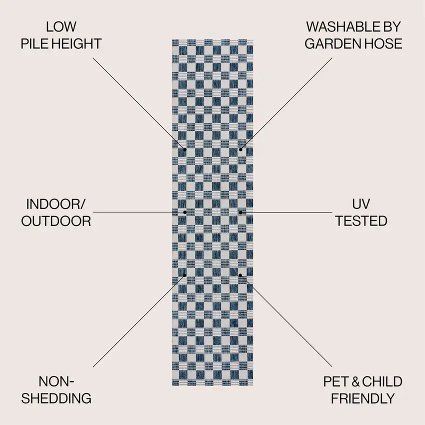 8' Navy Blue And Cream Geometric Indoor Outdoor Runner Rug Photo 8