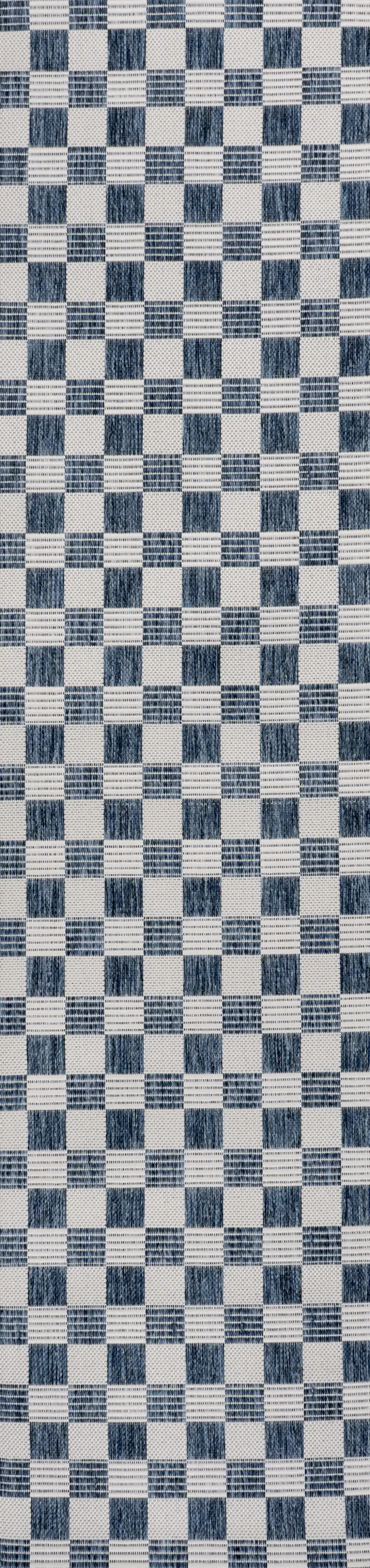 8' Navy Blue And Cream Geometric Indoor Outdoor Runner Rug Photo 1