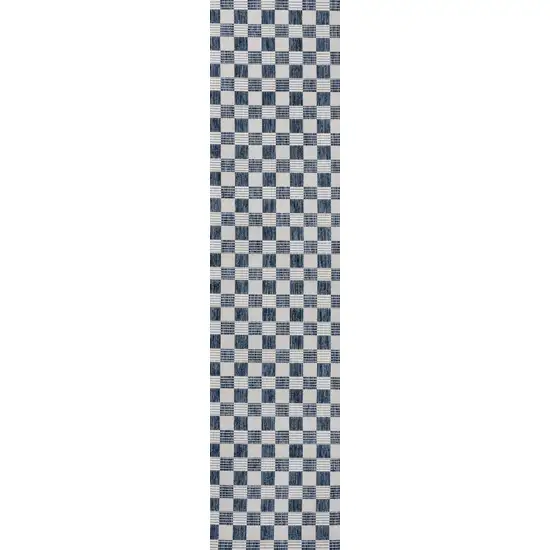 8' Navy Blue And Cream Geometric Indoor Outdoor Runner Rug Photo 3