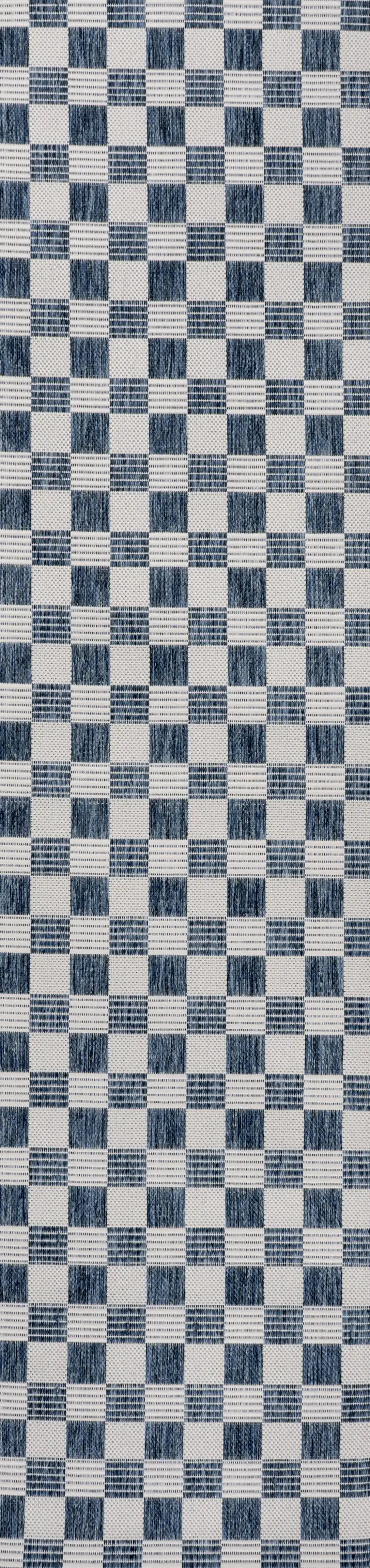 8' Navy Blue And Cream Geometric Indoor Outdoor Runner Rug Photo 3