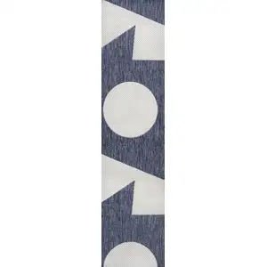 Photo of 8' Navy Blue And Cream Geometric Indoor Outdoor Runner Rug