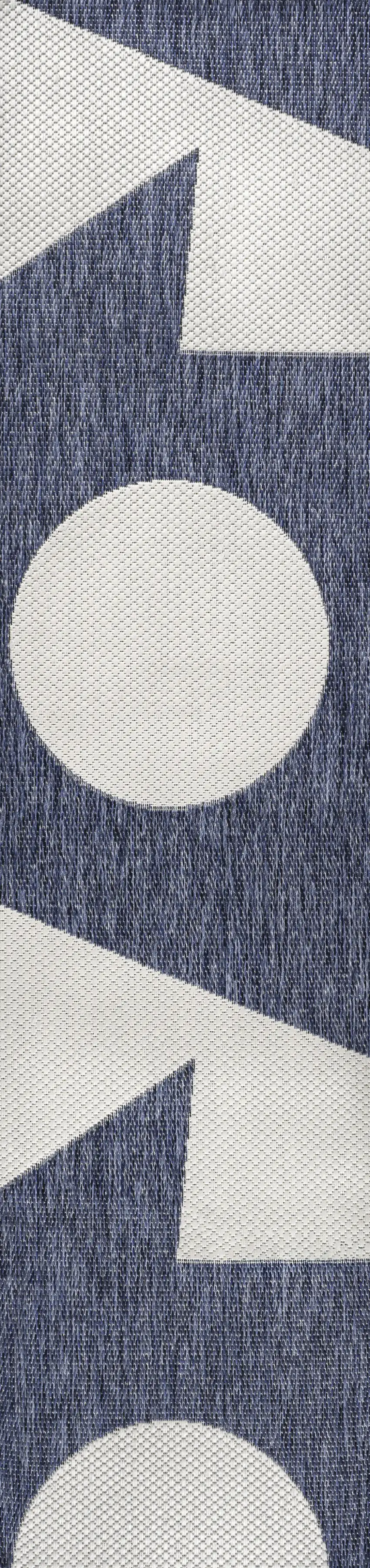 8' Navy Blue And Cream Geometric Indoor Outdoor Runner Rug Photo 1