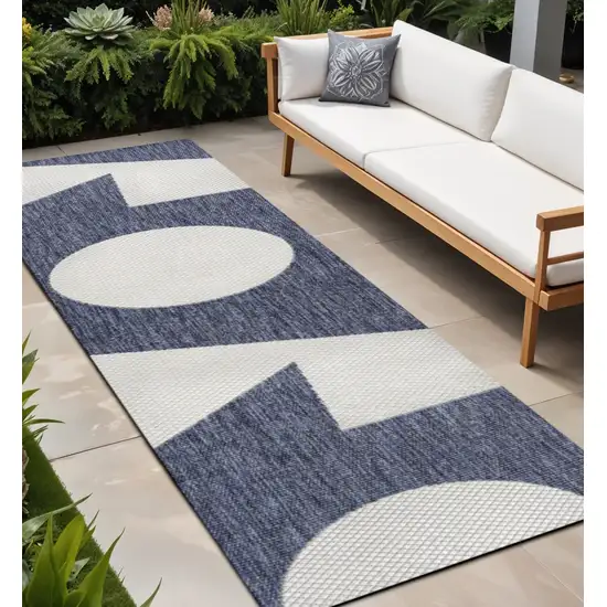8' Navy Blue And Cream Geometric Indoor Outdoor Runner Rug Photo 1