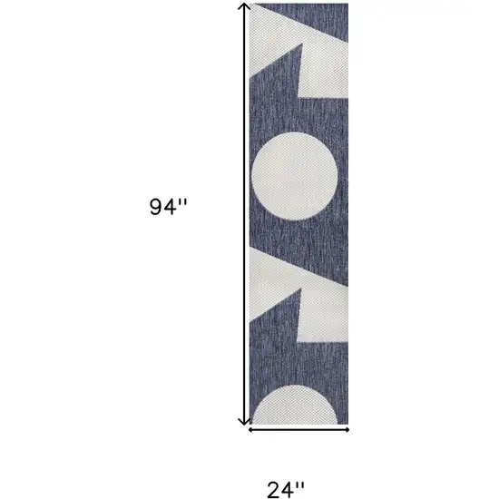 8' Navy Blue And Cream Geometric Indoor Outdoor Runner Rug Photo 9