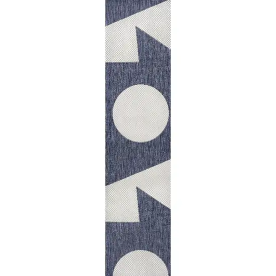 8' Navy Blue And Cream Geometric Indoor Outdoor Runner Rug Photo 3