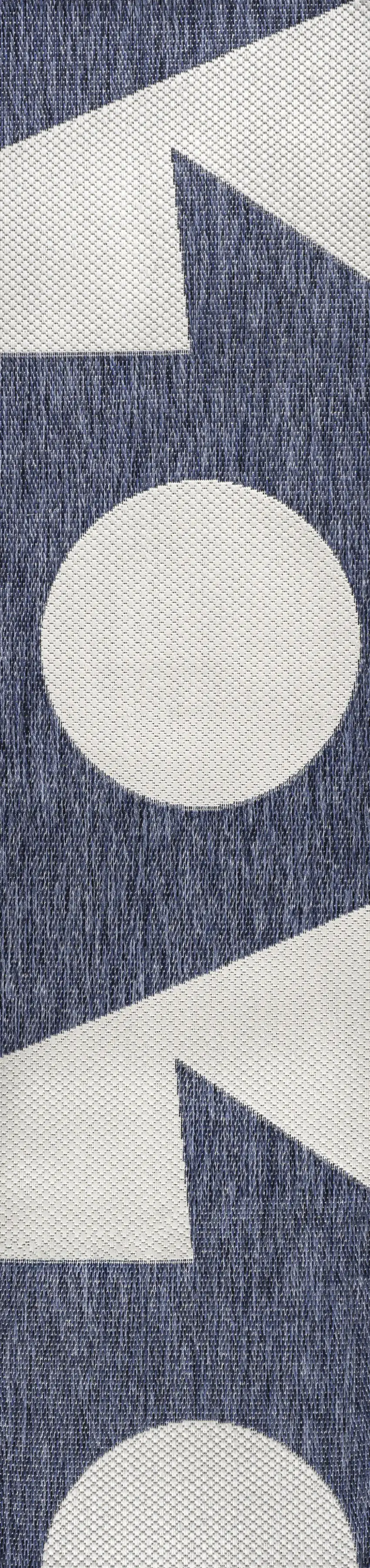 8' Navy Blue And Cream Geometric Indoor Outdoor Runner Rug Photo 3
