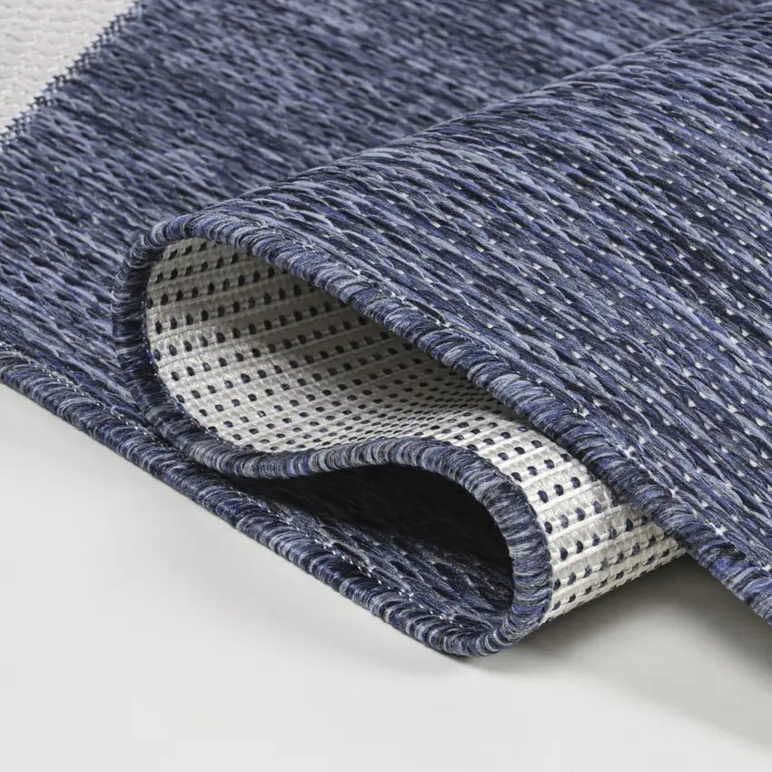 8' Navy Blue And Cream Geometric Indoor Outdoor Runner Rug Photo 8