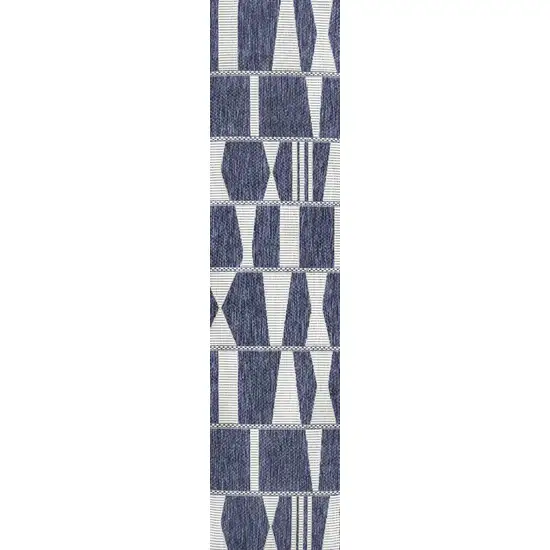8' Navy Blue And Cream Geometric Indoor Outdoor Runner Rug Photo 1