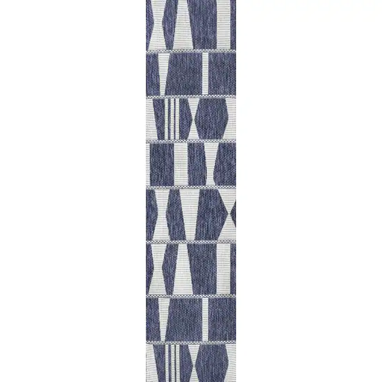 8' Navy Blue And Cream Geometric Indoor Outdoor Runner Rug Photo 3