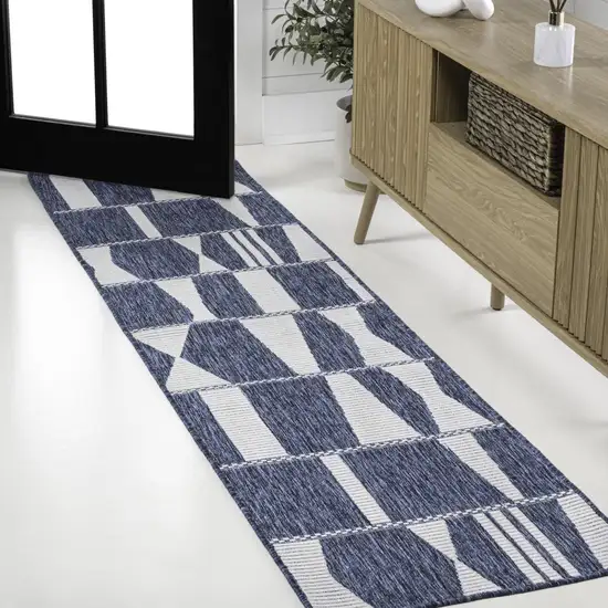 8' Navy Blue And Cream Geometric Indoor Outdoor Runner Rug Photo 4