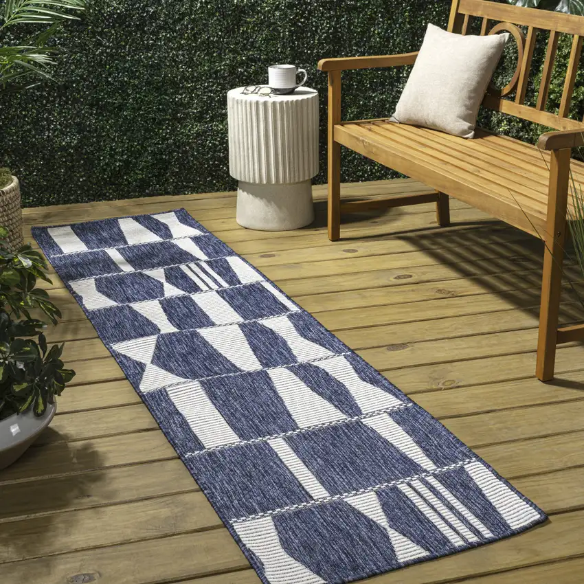 8' Navy Blue And Cream Geometric Indoor Outdoor Runner Rug Photo 5