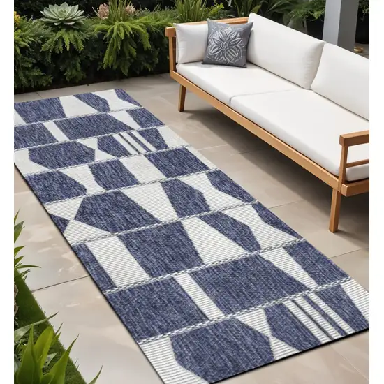 8' Navy Blue And Cream Geometric Indoor Outdoor Runner Rug Photo 1