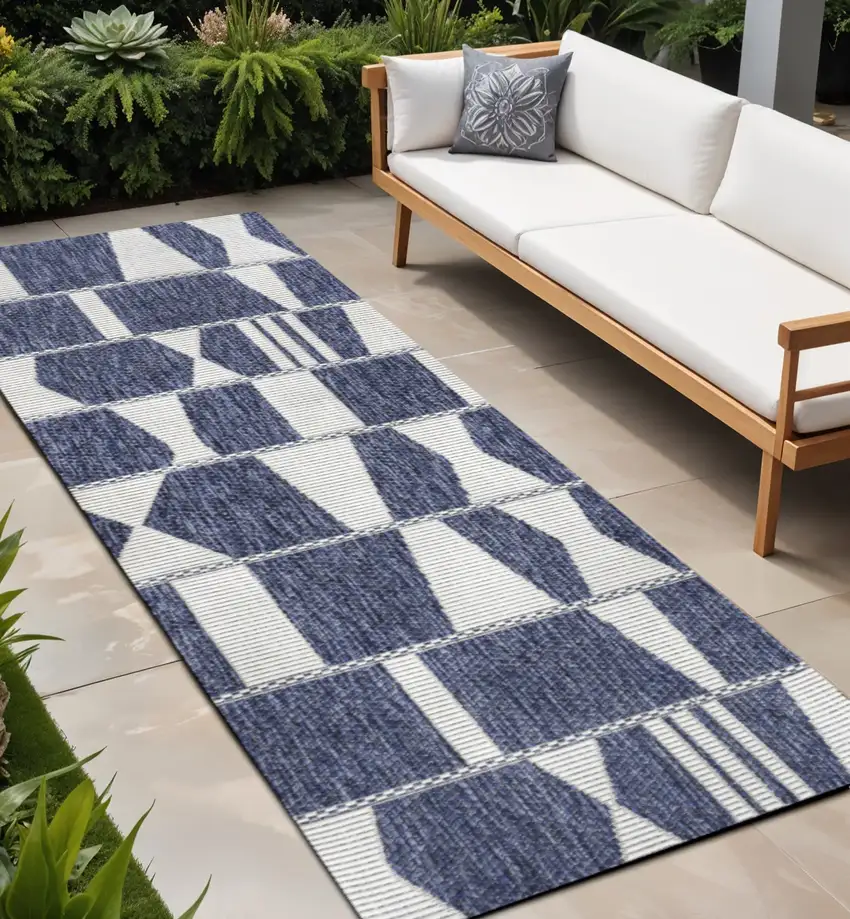 8' Navy Blue And Cream Geometric Indoor Outdoor Runner Rug Photo 1