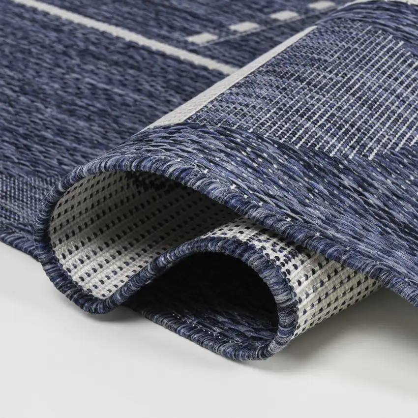 8' Navy Blue And Cream Geometric Indoor Outdoor Runner Rug Photo 8