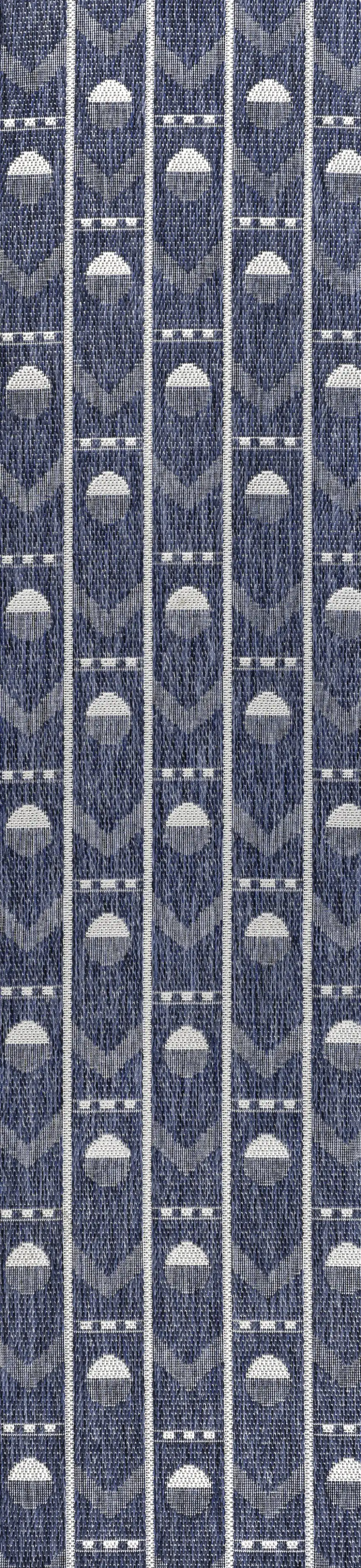 8' Navy Blue And Cream Geometric Indoor Outdoor Runner Rug Photo 1