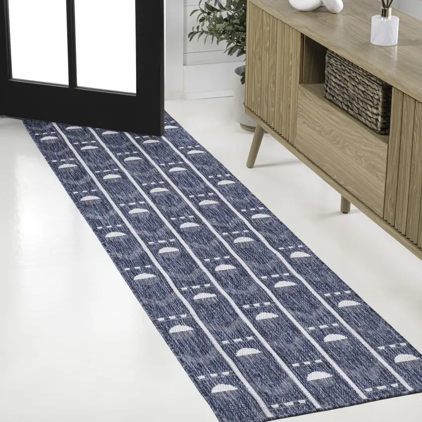 8' Navy Blue And Cream Geometric Indoor Outdoor Runner Rug Photo 4